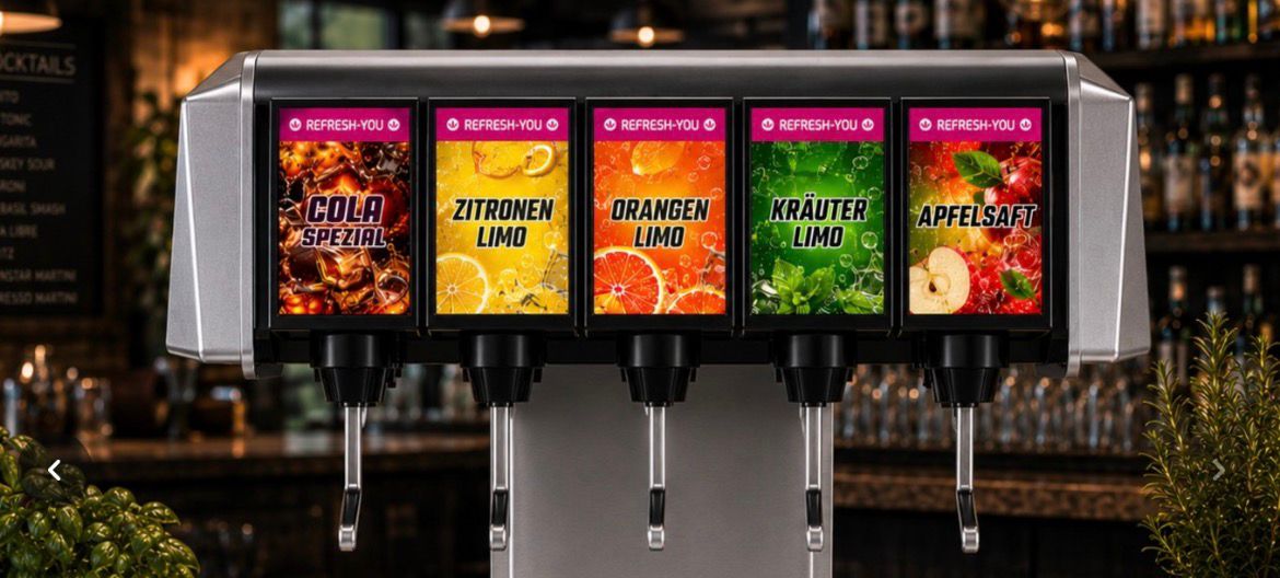 REFRESH YOU Schankanlage mit Cola Spezial, Zitronen Limo, Orangen Limo, Kräuter Limo und Apfelsaft