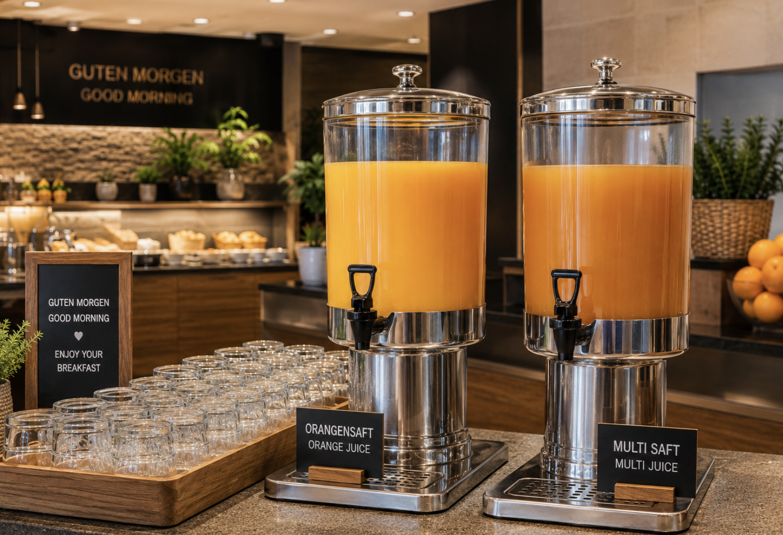 REFRESH YOU Saftdispenser mit Orangensaft und Multisaft im Hotel-Frühstücksbereich