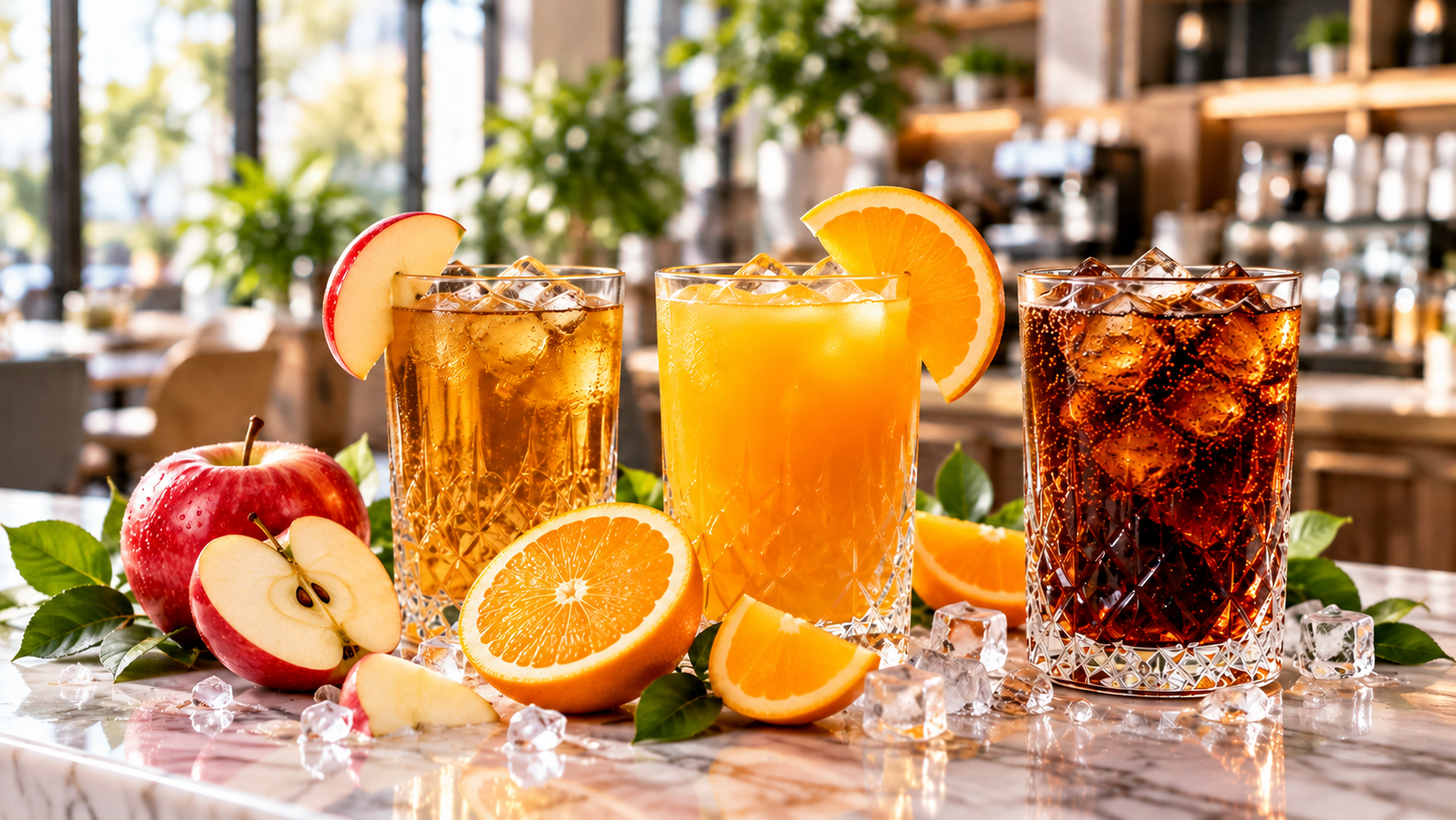 Drei eiskalte Getränke – Apfelsaft, Orangensaft und Cola – auf einem Marmortisch in einem hellen Café